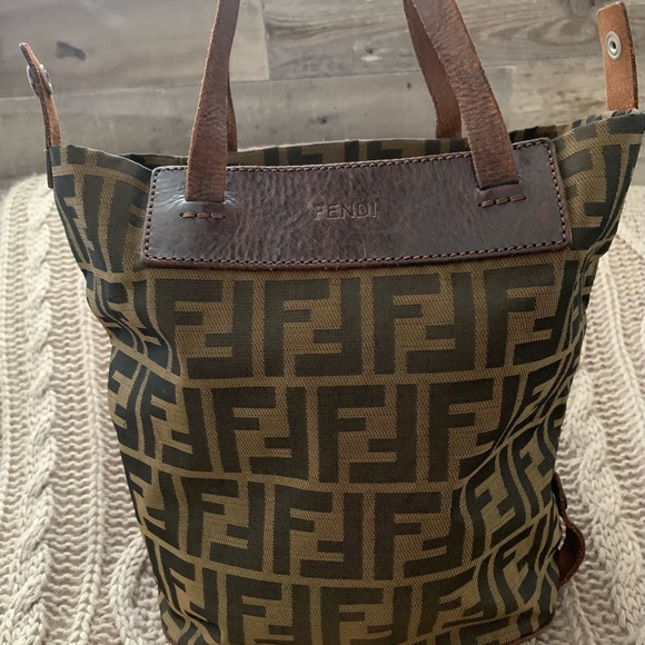 FENDI ZUCCA VINTAGE FOLDABLE NYLON/LEATHER MONOGRAM TOTE/ HANDBAG “DOUBLE F’S” - Picture 4 of 16